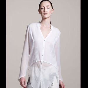Helmut Lang White Element V Neck Button Up Ivory Sheer Sleeves Hem Tunic Top